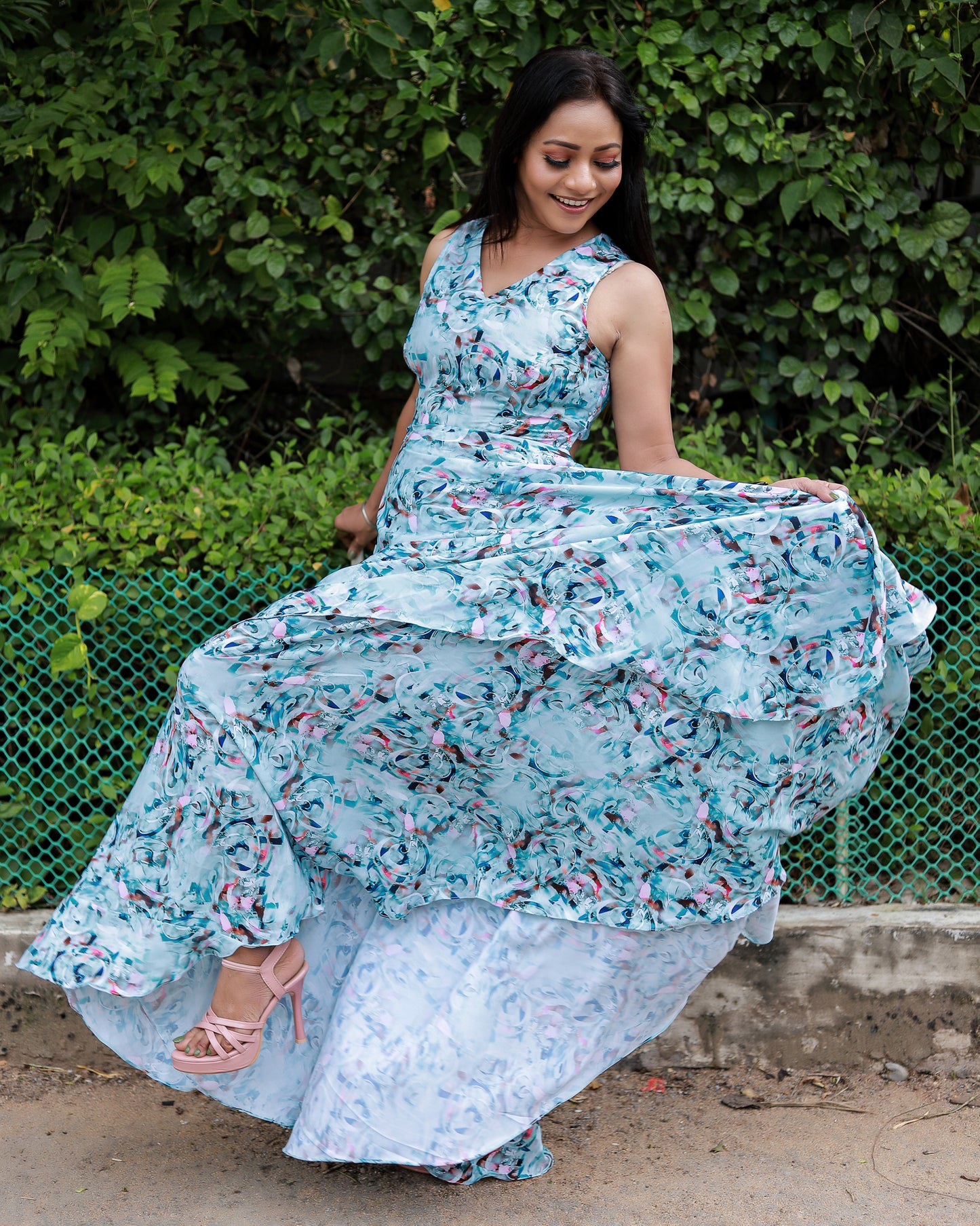 ICE-BLUE PRINTED DRESS