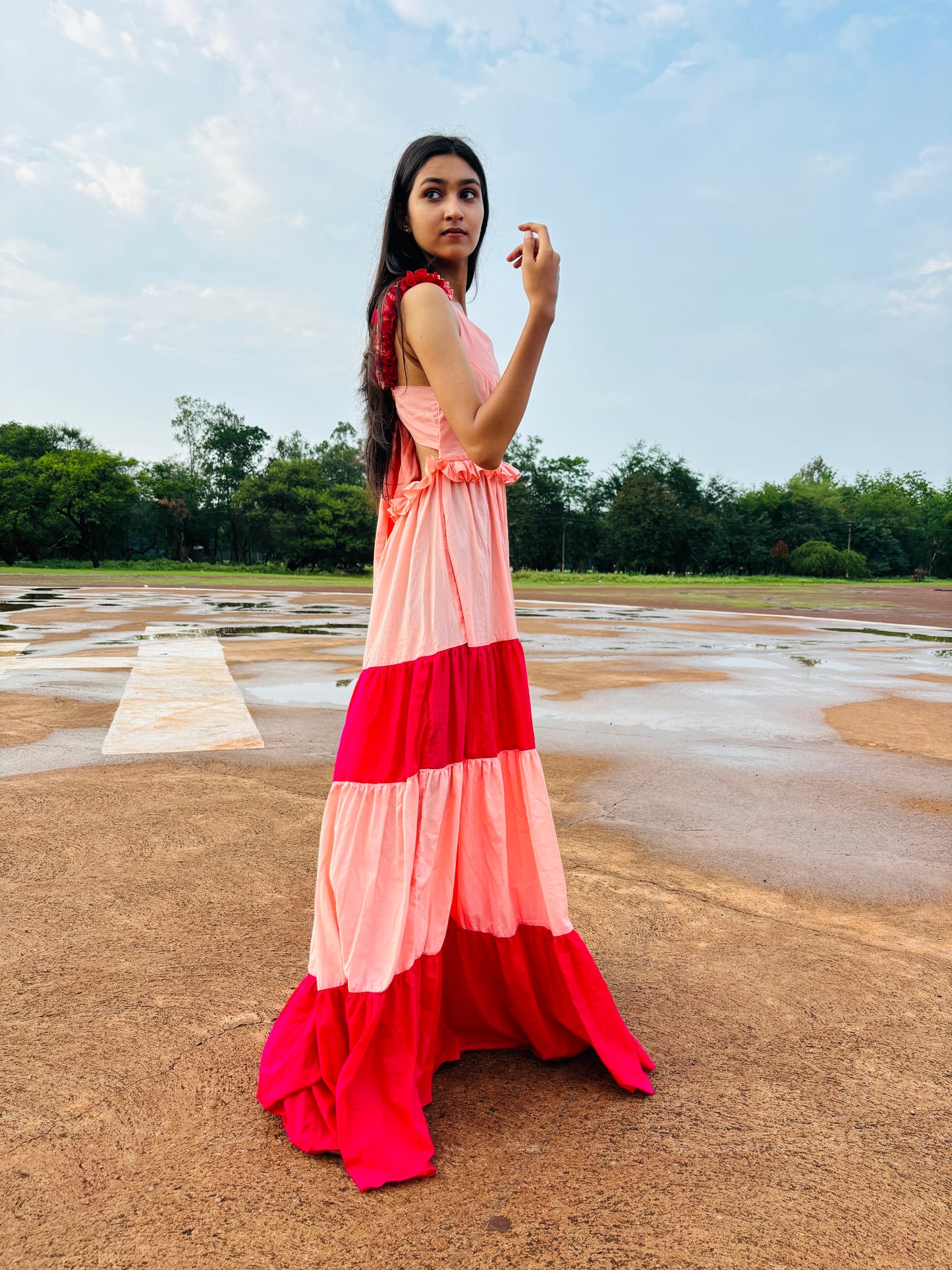 Peach Magenta cotton tier dress