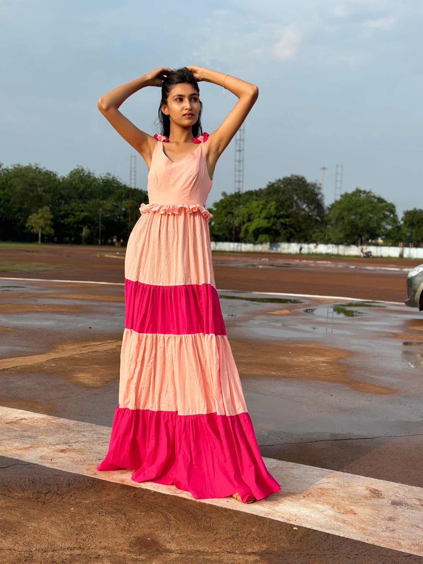 Peach Magenta cotton tier dress