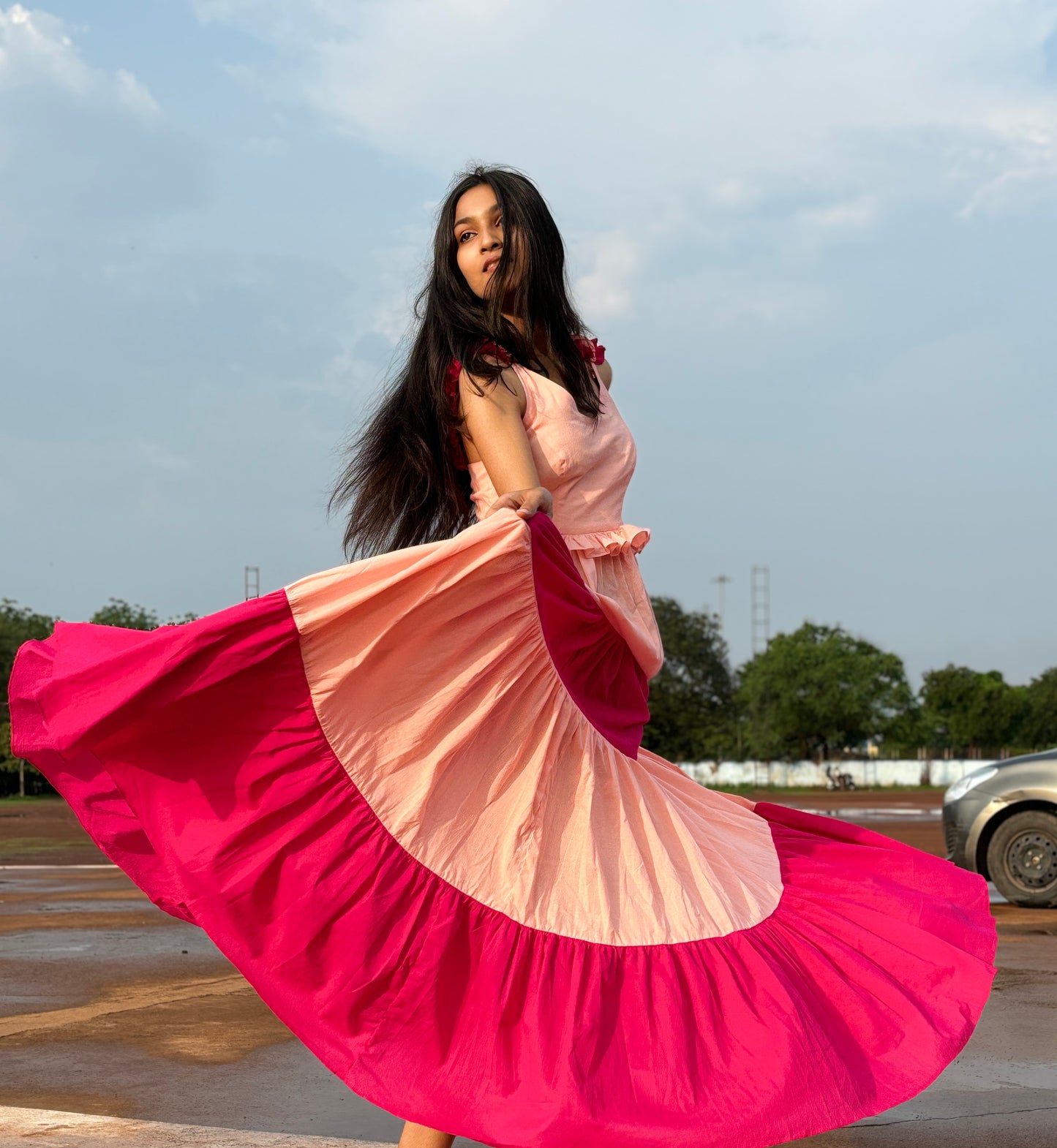 Peach Magenta cotton tier dress