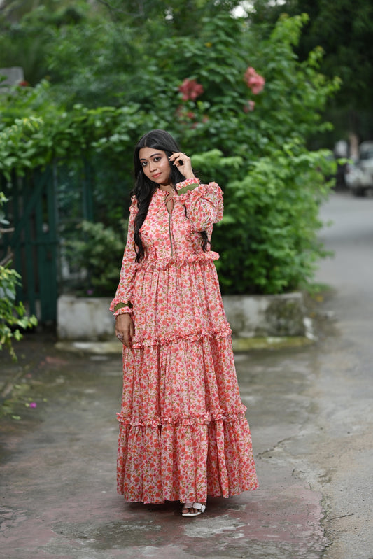 PRINTED KOTA SILK LAYERED DRESS