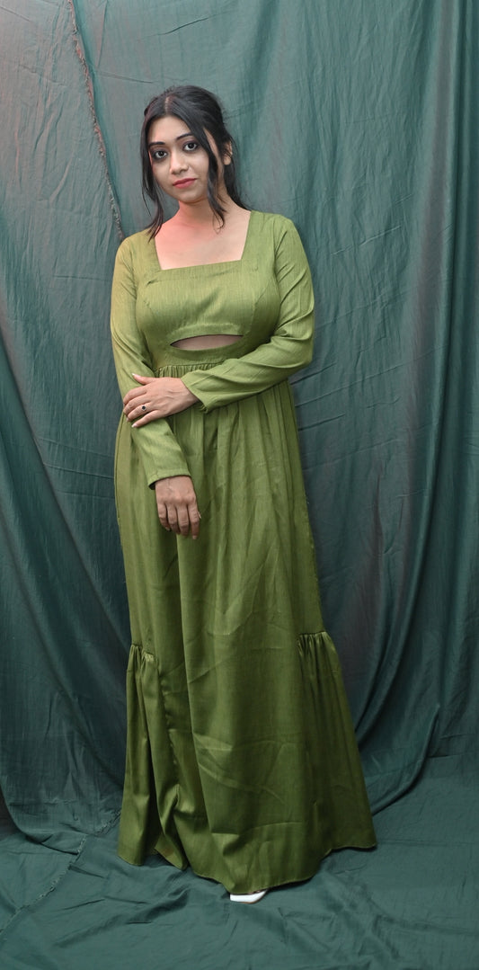 GREEN SIDE GATHERED DRESS