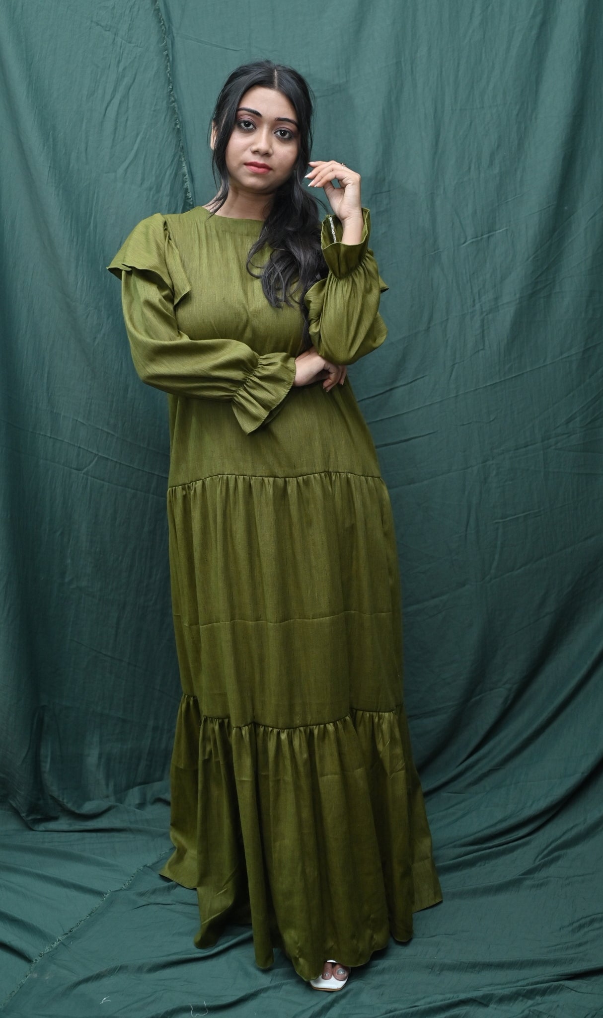 GREEN SIDE GATHERED DRESS